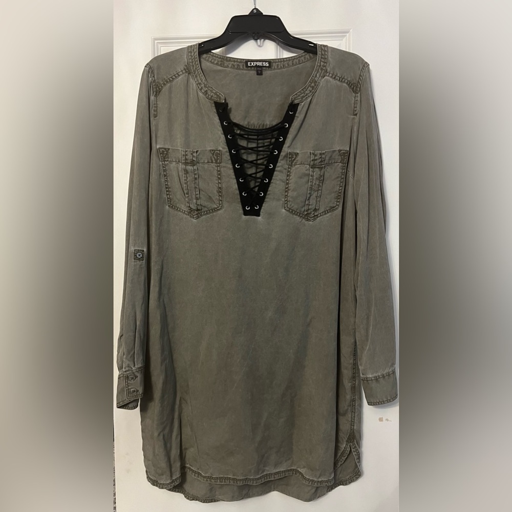 Washed lace up long sleeve dress